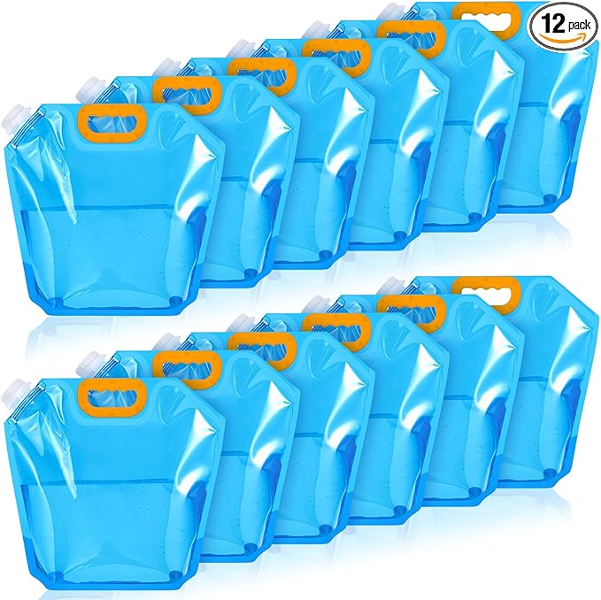 Tessco for you 12 Pack 1.3 Gallon Collapsible Water Storage Bag Water Container Emergency Jug Plastic Storage Pouch Freezable Carrier Tank Foldable Bottle for Outdoor Sport Camping (Blue)