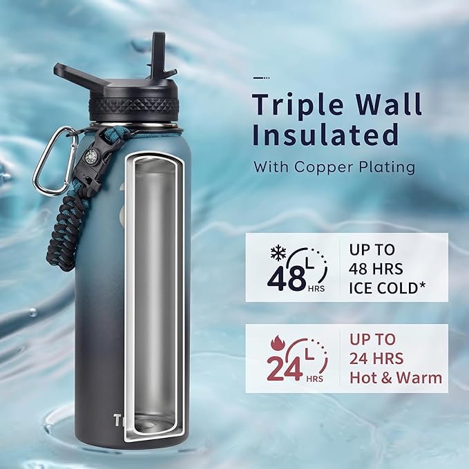 Trebo Water Bottle Insulated 40oz with Paracord Handle, Vacuum Triple Wall Stainless Steel Water Jug, 48hr Cold Retention, Leakproof BPA-Free Flask With 3 Lids Fits in Car Cup Holder, Indigo/Black