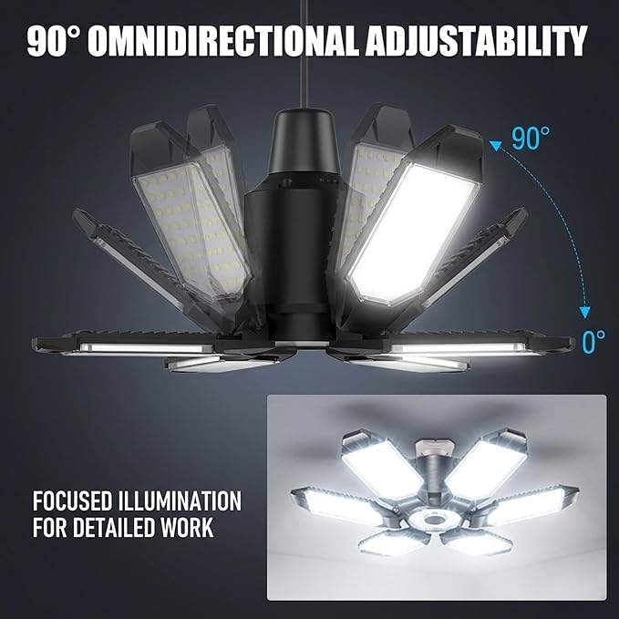 BRAINIAC 100W LED Garage Light Bulb, Deformable Garage Lighting Led with 6 Adjustable Panels, E26/E27 Screw-in Shop Lights for Basement Workshop Barn Basement Warehouse - 4Pack