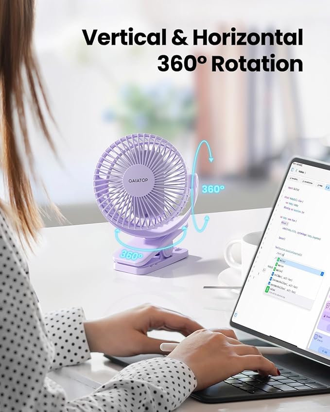Gaiatop Portable Clip on Fan Battery Operated, Small Powerful 3 Speed Quiet 360° Rotate, USB Rechargeable Mini Personal Cooling Fan for Desk Table Home Office Stroller Camping Women Gifts Purple