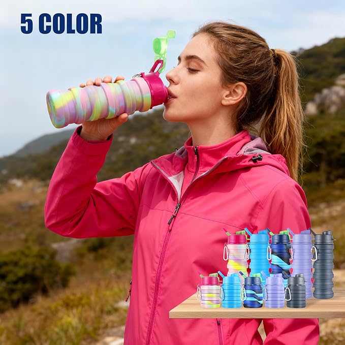 5 Pcs Collapsible Water Bottles, 16 oz Portable Foldable Water Bottle with Metal Clip Silicone Leakproof Travel Waters Bottle Reusable Sports Waters Bottles for Travel Camping Hiking Cycling
