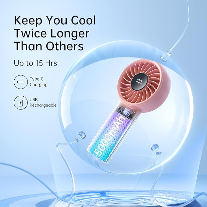 JISULIFE Handheld Portable Fan, Stronger and Longer-Lasting: 5 Speed, 5000mAh Battery, 12-Blade Turbo For Powerful Wider Wind, LED Display, Rechargeable Personal Fan for Travel Concerts Makeup-Pink