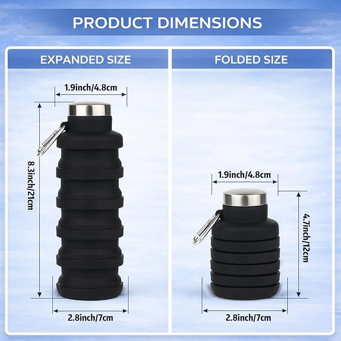 Collapsible Water Bottles,16oz Capacity Portable Reusable Silicone Water Bottle,Leak-proof,with buckle,foldable storage,Lightweight Durable for Fitness,Cycling,Sports,Camping,Hiking (Deep Black)