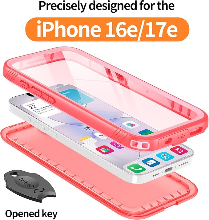 Cozycase Girls Womens Ladies Case for iPhone 16e/iPhone 17e Waterproof Impact Smash Dust Shock Proof Indestructible 16/17 e Around Enclosed Underwater Swimming Case with Lanyard Strap Frosted Pink