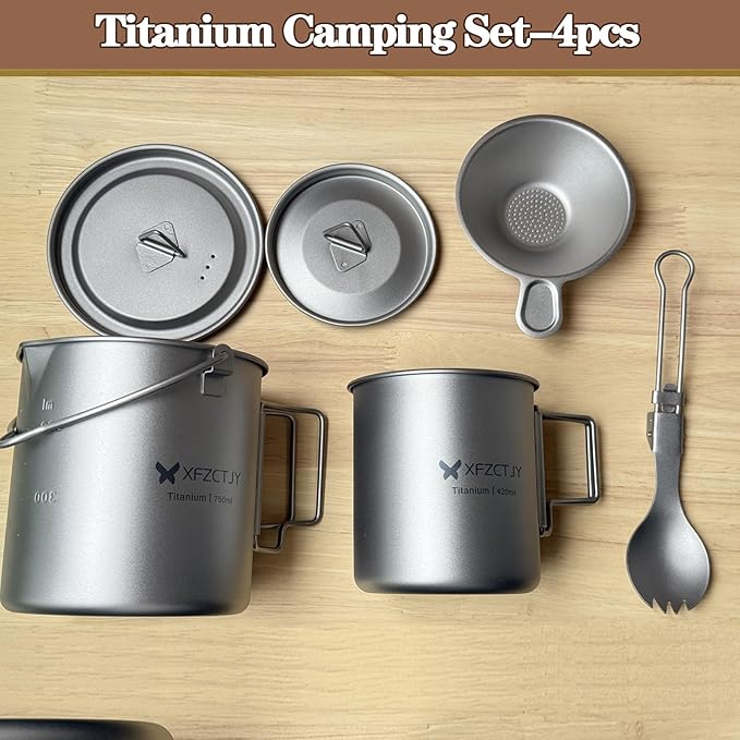 750ml/420ml Ultralight Titanium Pot Coffee Tea Mug Combo With Lid Spork,Tea Infuser, Nestable Camping Set With Foldable Handle For Backpacking, Hiking Mountaineering