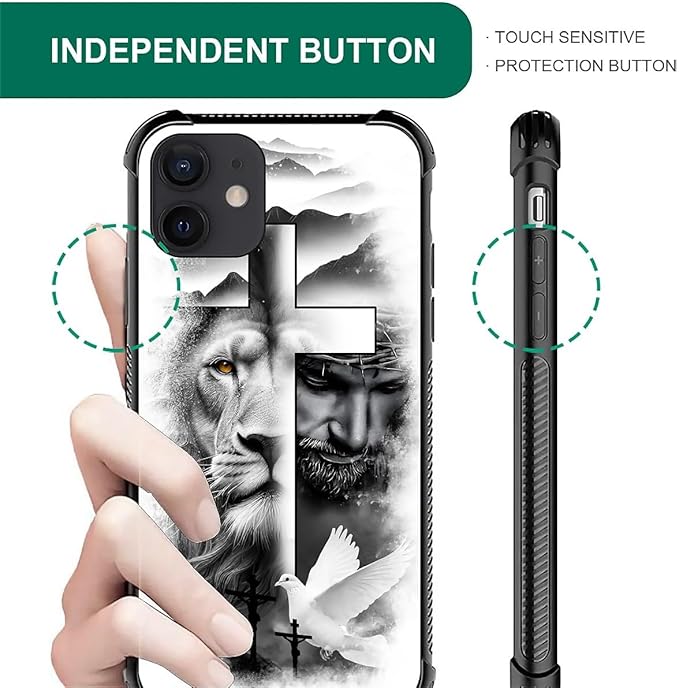 for iPhone 12/12 Pro Case, Lion Cross Jesus Christ Dove Pattern Graphic Design Girl Boy Soft Silicone Hard Acrylic Shock Protection for iPhone 12/12 Pro