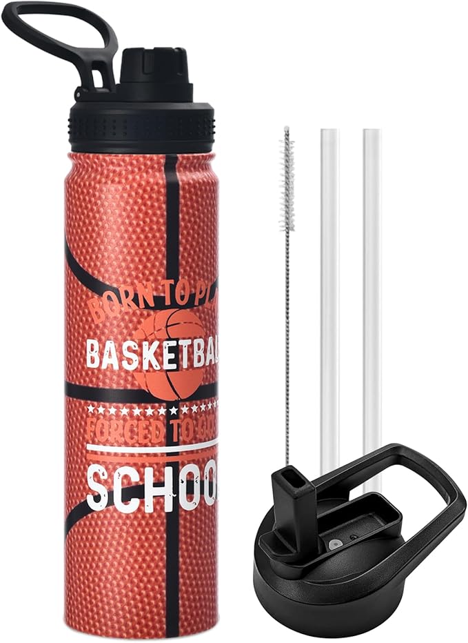 Basketball Water Bottle, 24 oz Insulated Stainless Steel Sports Bottle with Straw, Basketball Stuff Gifts for Boys