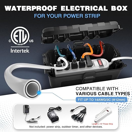Flemoon Medium Outdoor Electrical Box, ETL Certified IP54 Waterproof Extension Cord Cover w/6 Cable Entry Ports, Weatherproof Connection Box for Power Strip, Timer, Plug, Holiday Lights, Black