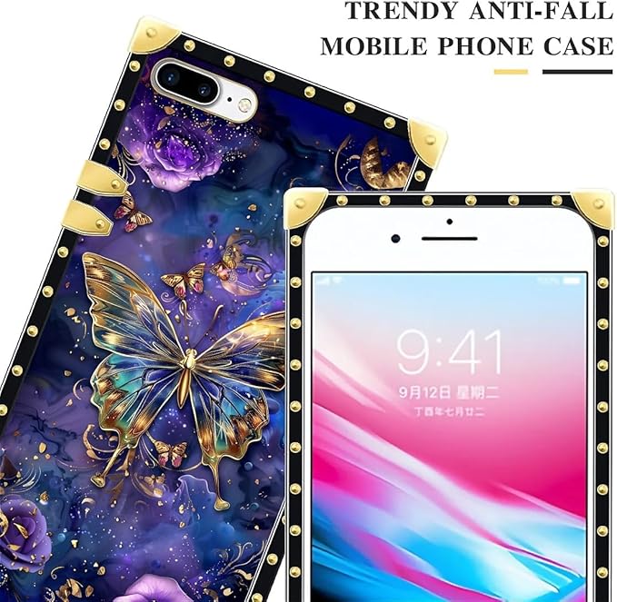Compatible with iPhone 8 7 SE Case, Glistening Golden Butterfly Vibrant Purple Blue Luxury Golden Decoration for Girl Women Soft TPU Shockproof Protective Hard PC Back