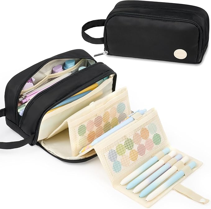 Sooez Pencil Case, Large Pencil Pouch Pencil Bag with Pull-Out Organizer for Quick Access, Cute Pencil Case with Sturdy Zipper, Aesthetic School Supplies for Girls Boy Women, Black