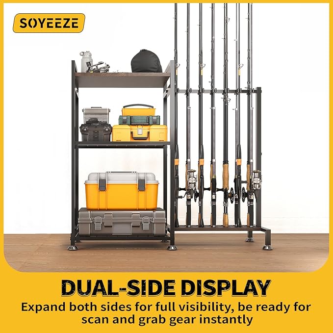 SOYEEZE Fishing Rod Holder for 14 Rods, Ground Stand Fishing Pole Holders for Garage, 2-Sided Vertical Fish Rod Rack for Tackle Box, Fishing Supplies,a Display Fish Gear Storage Gift for Man