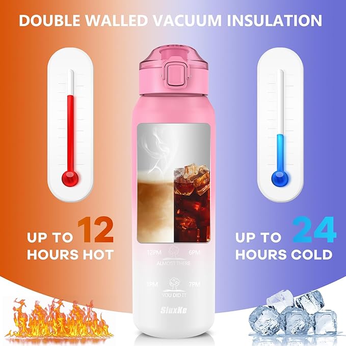 SLUXKE 17oz Insulated water bottles with 2 Lids (Straw and Chug Lid), 18/10 Stainless Steel Water Bottle BPA Free, Double Wall Vacuum Wide Mouth Insulated for Men, Women & Kids PINK WHITE
