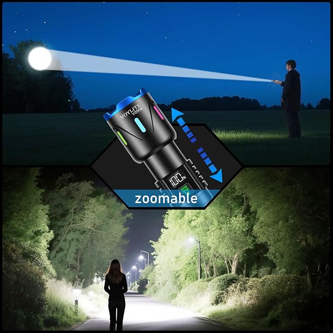 Flashlights High Lumens Rechargeable 5000mAh with LCD Power Display, Super Bright 100000 Lumen Flashlight, IPX7 Waterproof, 3 Modes & Zoomable (1500m), Belt Clip for Camping, Hiking, Emergency