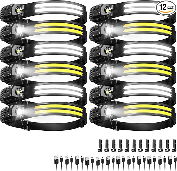 Rechargeable Headlamps 12 Pack, LED Headlight 230° Ultra Wide Beam, 6 Modes Waterproof Head Lamp, Hands-Free Forehead Light for Camping, Hiking, Running, Outdoor Gear