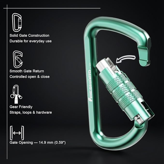 FresKaro 3inch 12kN-2698lbs Auto Locking Carabiner Clips, Solid D Shape, Heavy Duty 7075 Aluminum, Lightweight 1.09oz, Rust Proof, for Hammock, Hiking, Dog Leash, Keychain etc., Multi-Colors