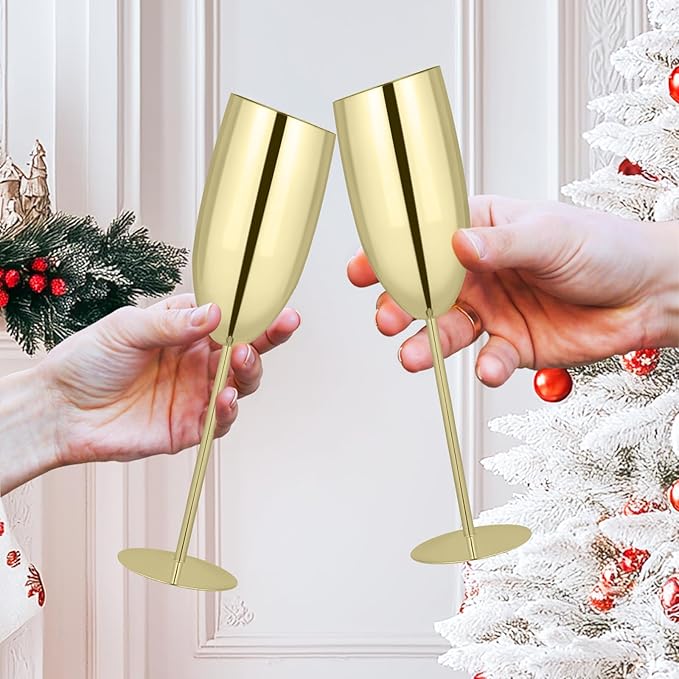 TJ Champagne Glasses Set of 2 Stainless Steel Champagne Flutes 8.5 oz Unbreakable Gold Champagne Glasses Reusable Indoor Outdoor Travel Drinkware for Party Wedding Christmas Anniversary Birthday
