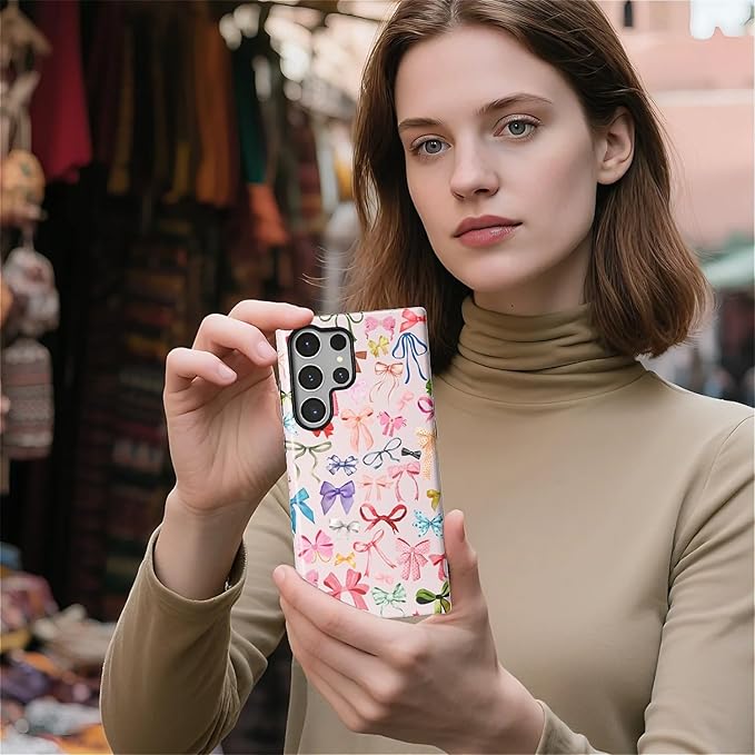 for Samsung Galaxy S24 Ultra Case,HL2 Aesthetic Color Bow Tie Hybrid 2 Layer Hard Shell Silicone Protective Pattern Design Case