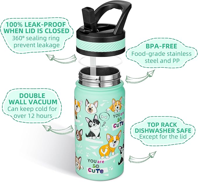 Fanhaw 14 Oz Kids Insulated Water Bottle with Straw - Stainless Steel Double Wall Vacuum Cup, Leakproof, BPA Free, Suitable for Boys and Girls(Green - Dogs)