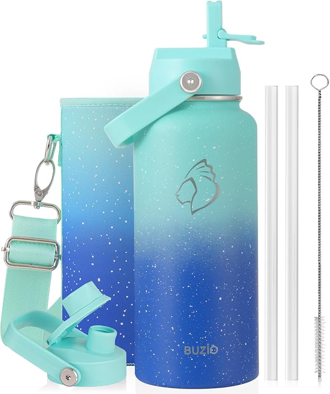 BUZIO 32 oz Water Bottle Insulated, Leakproof Stainless Steel Flask (Cold for 48 Hrs), Wide Mouth BPA-Free Metal Thermo Hydro Canteen with 2 Lids, Starry Gradient Blue