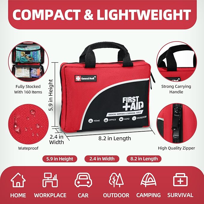 First Aid Kit -160 Pieces Compact and Lightweight - Including Cold (Ice) Pack, Emergency Blanket, Moleskin Pad,Perfect for Travel, Home, Office, Car, Camping, Workplace (Red)