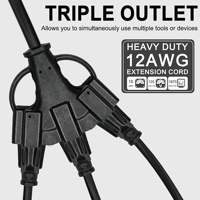 2FT 12/3 Outdoor Extension Cord with Multiple Outlets 12 Gauge 3 Outlet Heavy Duty Power Cord Splitter Flexible 3 Way Power Cable Waterproof 12AWG 15A 1875W SJTW,ETL Listed