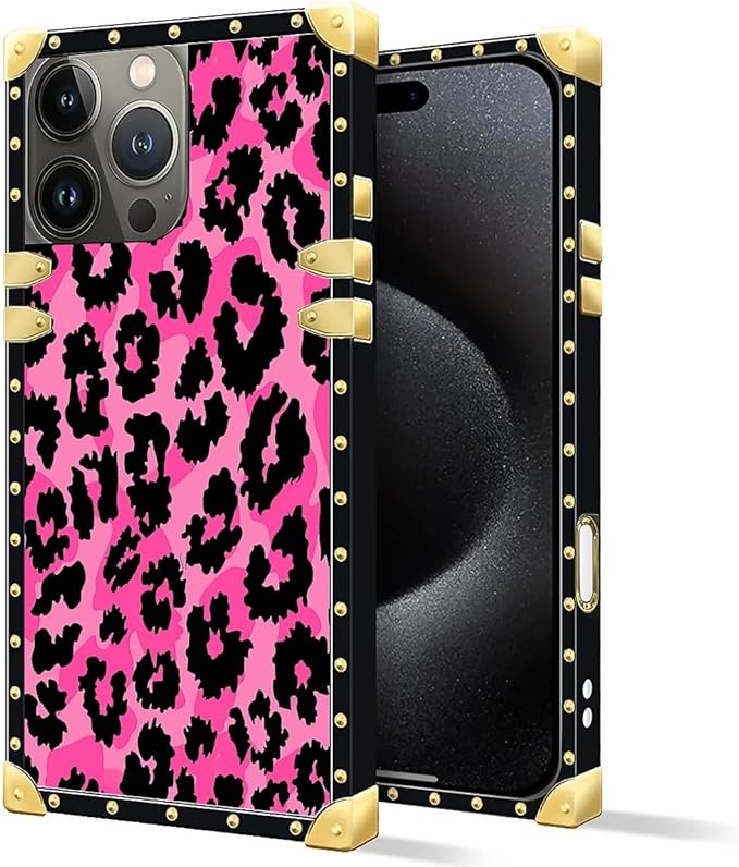 Compatible with iPhone 16 Pro Max Case, Pink Black Leopard Luxury Golden Decoration for Girl Women Soft TPU Shockproof Protective Hard PC Back