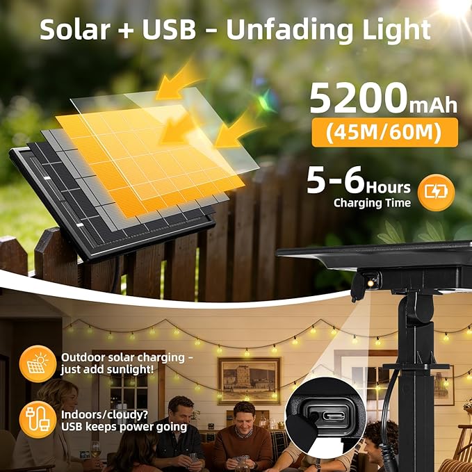 Solar Lights Outdoor Waterproof: G40 60M 200FT Shatterproof Bulbs Patio Lights - Solar Powered 3 Light Modes Solar Light - Camping Backyard Garden Deck Outside Yard