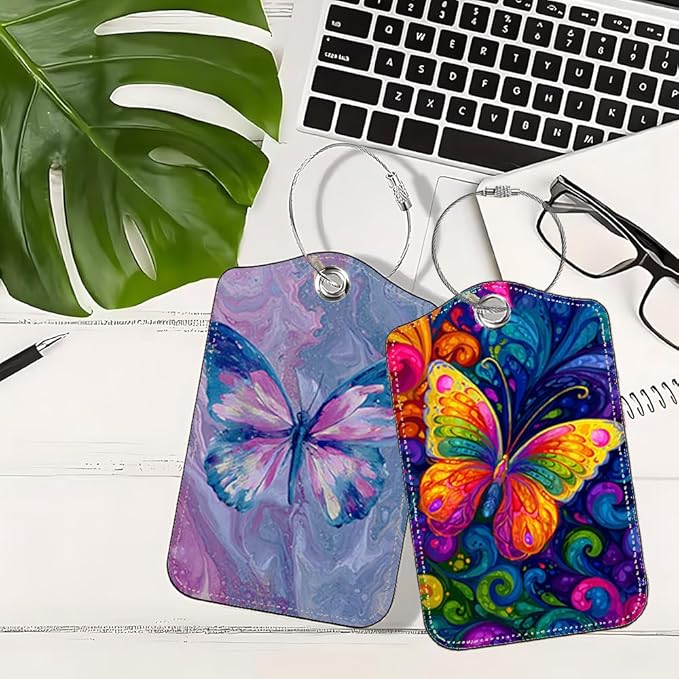 2 Pack Butterfly Luggage Tags for Suitcases, Colorful Artistic Travel ID Tags with Privacy Cover, PU Leather Bag Identifiers, Spring & Summer Vacation Essentials, Mother's Day, 2 Styles