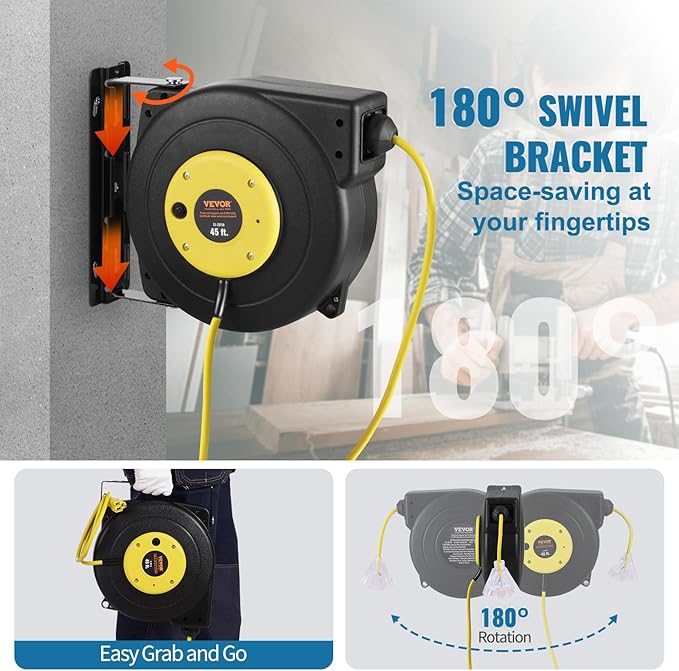 VEVOR Retractable Extension Cord Reel, 45 FT, Heavy Duty 12AWG/3C SJTOW Extension Power Cord with Lighted Triple Tap Outlet, 15A Circuit Breaker 180° Swivel Bracket for Ceiling or Wall Mount, Yellow