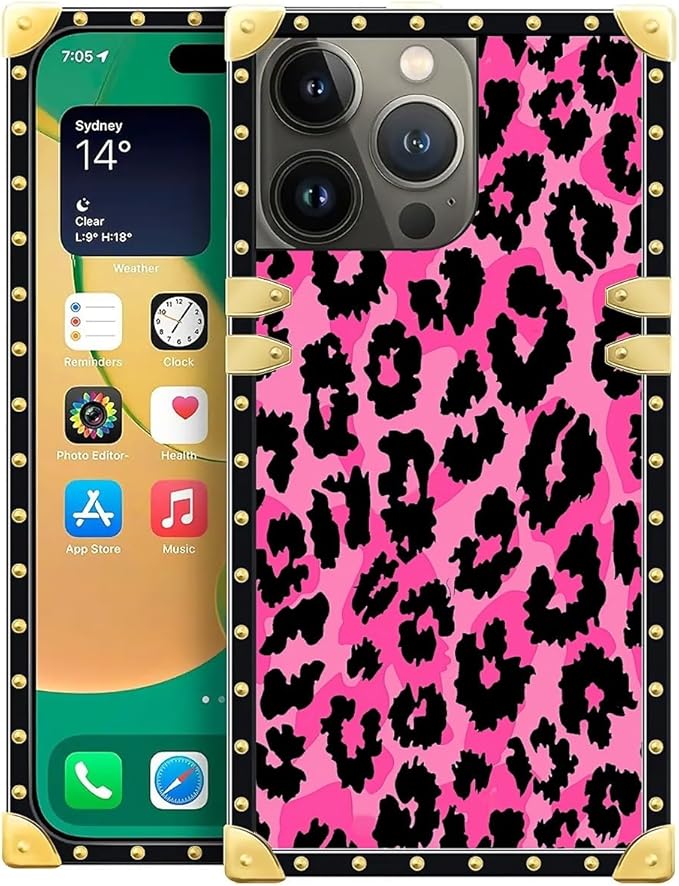 Compatible with iPhone 14 Pro Case, Pink Black Leopard Luxury Golden Decoration for Girl Women Soft TPU Shockproof Protective Hard PC Back for iPhone 14 Pro