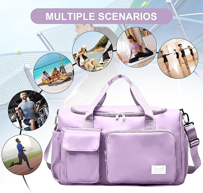 Suruid Gym Bag for Women Men, Travel Duffle Bag Large Capacity Carry On Weekender Bag With Shoe Compartment Gym Tote Dry Wet Separation Duffel Bag with Makeup Bag, Purple
