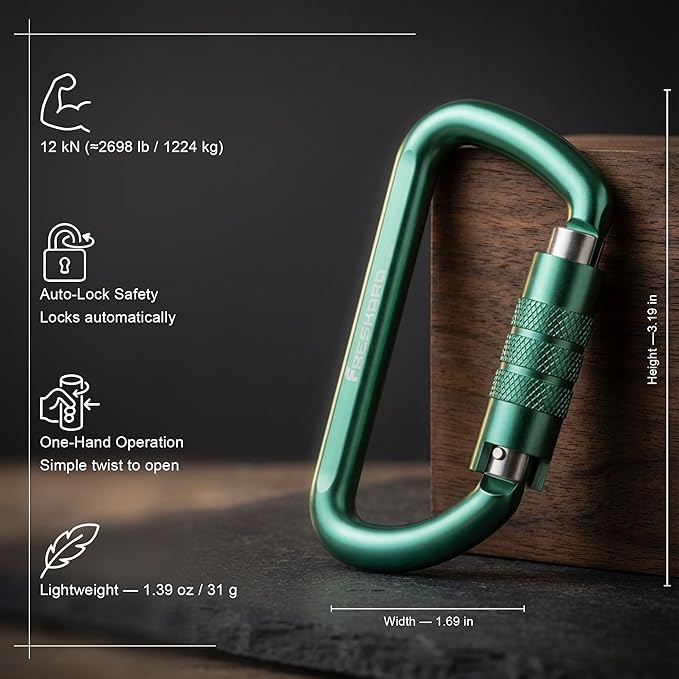 FresKaro 3inch 12kN-2698lbs Auto Locking Carabiner Clips, Solid D Shape, Heavy Duty 7075 Aluminum, Lightweight 1.09oz, Rust Proof, for Hammock, Hiking, Dog Leash, Keychain etc., Multi-Colors