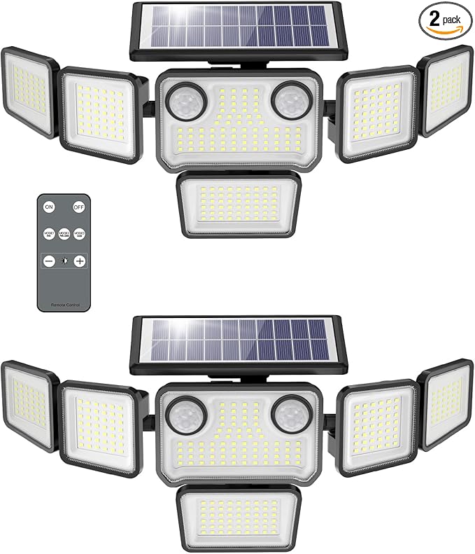 Solar Lights Outdoor, 6000LM 310 LEDs Dual Motion Sensor Solar Flood Lights 6 Heads Security Wall Lights, IP65 Waterproof, Remote Control for Garden, Outside, Backyard, 2 Pack