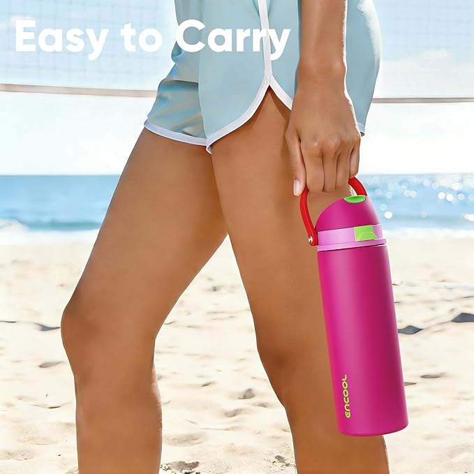 Insulated Water Bottle with Straw - Encool Stainless Steel Water Bottle with Push Button Lid, Leak-Proof & BPA-Free, Keeps Cold for 24 Hours for Sports, Travel, Gym (24 oz, Cerise Pink)