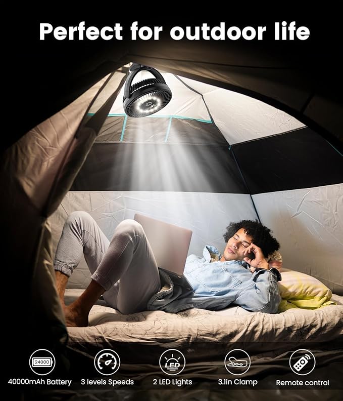 40000mAh Clip on Fan for Golf Cart - 8-inch Portable Rechargeable Fans - Max Up to 150Hrs Work Time - Battery Operated Fan with LED, Remote, Timers, Hook for Office, Desk, Camping, Treadmill, Tent