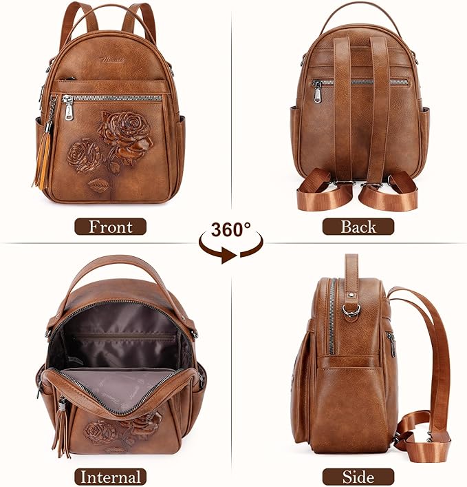 Mini Backpack Purse for Women,Embossed Leather Small Backpack Fashion Travel Backpacks Daypacks Shoulder Handbag (BROWN-Flower)