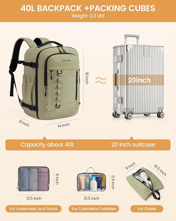 LOVEVOOK 40L Travel Backpack for Men Women, Waterproof Carry On Backpack for Work & Travel, Flight Approved Personal Item with 3 Packing Cubes, TSA Bag Fits 17.3" Laptop,Light pink