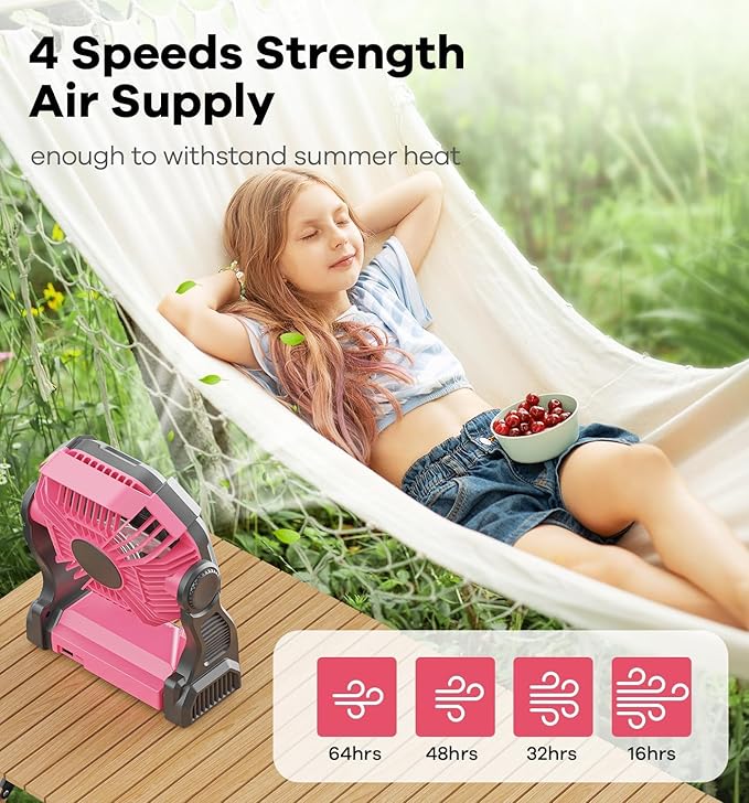 DOWILLDO 20000mAh Portable Battery Powered Camping Fan - with LED Light, Quiet Battery Operated, Camping Gear for Travel, Tent, Beach, Car or Hurricane Power Outages, Pink