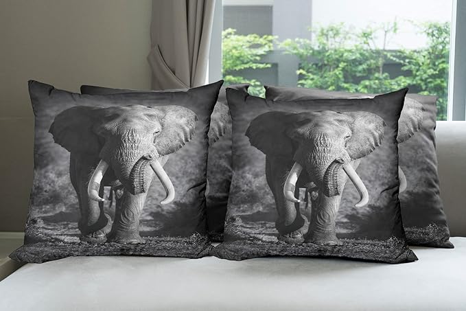 Ambesonne Elephant Throw Pillow Cushion Case Pack of 4, Majestic Elephant Bull Approaching Photo Exotic Wild Habitat Mammal Art Print Safari, Modern Accent Double-Sided Digital Printing, 16", Dimgrey