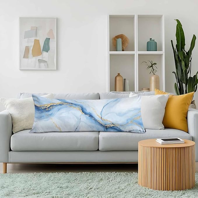 Couch Pillows Decorative Body Pillow Cover Marble, Abstract Marble Blue Gold Veins Rectangle Body Pillowcase for Men Women, Body Pillow Covers 20" X 54" Cushion Cases for Sofa Bed