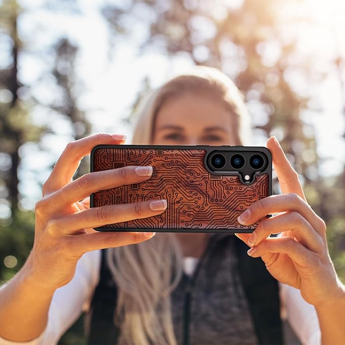 Carveit Wood Case for Galaxy S24 Plus Case [Natural Wood & Black Soft TPU] Shockproof Protective Cover Unique Wooden Design Compatible with S24 Plus (Motherboard-Rosy)