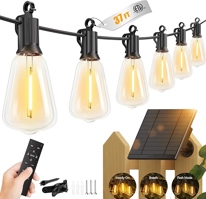 Brightown 37FT Solar String Lights Outdoor Waterproof with Remote, 10+1 LED Shatterproof Bulbs, Dimmable & Timable, 3 Light Modes - Commercial Grade Patio Lights for Garden Backyard Party Decor