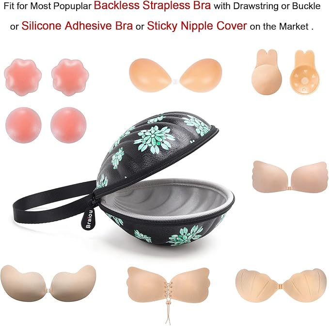 Hard Travel Case for Silicone Bras [A-C Cup] Premium Nubra Organizer Portable Lingerie Underwear Storage Bag (Green Flower)