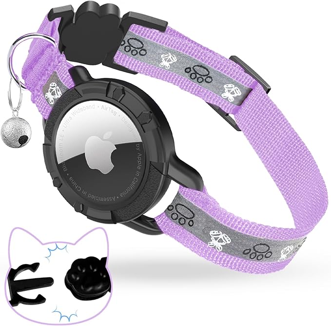 Breakaway AirTag Cat Collar, Reflective Cat Tracker Collar with Air Tag Holder and Bell, Safety Elastic Band Cat GPS Collars for Girl Boy Cats, Kittens and Puppies (Lilac, 8-13'')