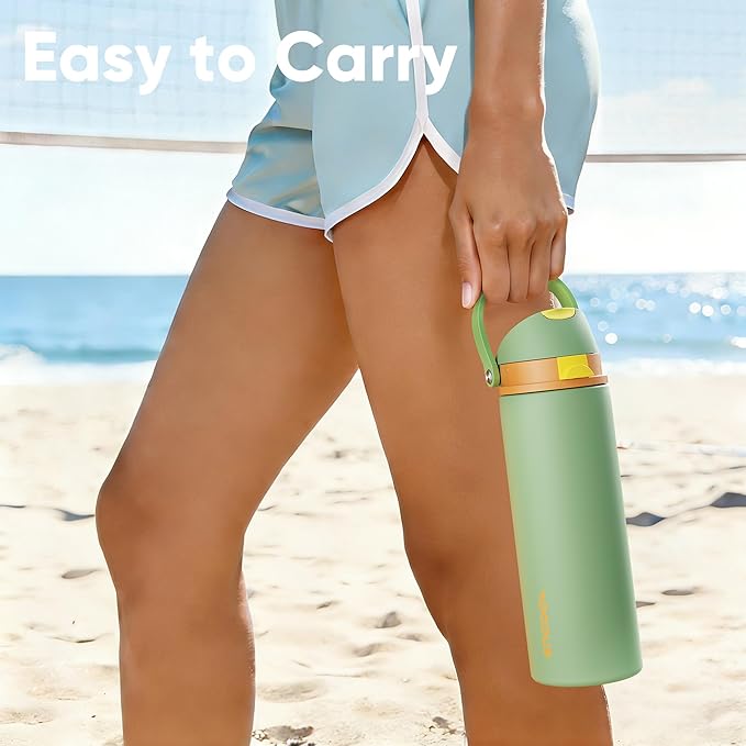 Insulated Water Bottle with Straw - Encool Stainless Steel Water Bottle with Push Button Lid, Leak-Proof & BPA-Free, Keeps Cold for 24 Hours for Sports, Travel, Gym (18 oz, Lichen-Yellow)