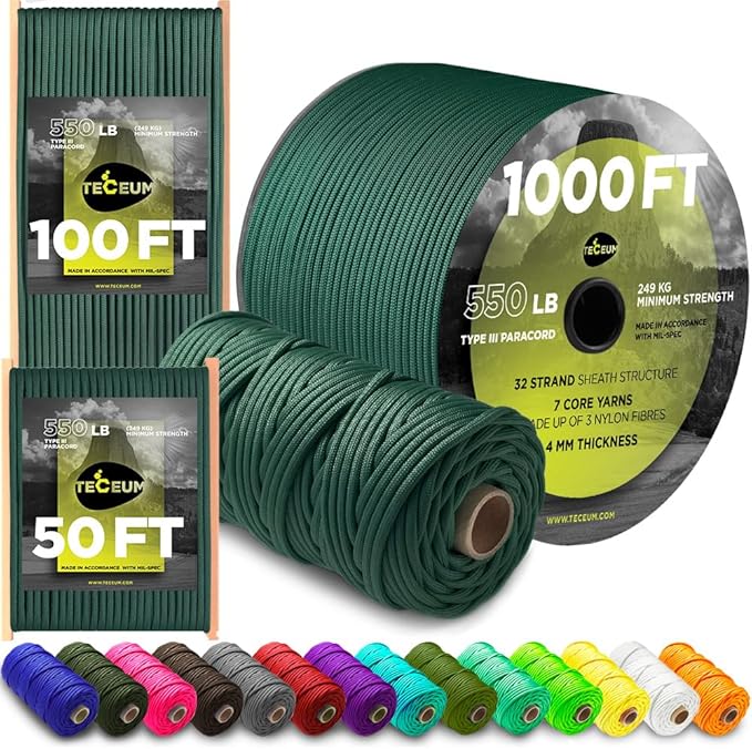 TECEUM Reflective Paracord Rope 1000 – 1000ft/200ft/100ft/50ft – 40+ Colors – Glow in The Dark – para Cord – Utility Rope for Survival, Hunting & Camping Gear – Nylon String, Camping Rope, Tent Cord