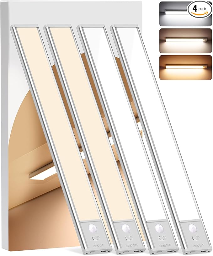 Under Cabinet Lighting Wireless, 4Pack Motion Sensor Light Indoor with 3 Color Temps, Dimmable Closet Lights Battery Operated, LED Magnetic Light, Rechargeable Under Counter Lights for Kitchen Stairs