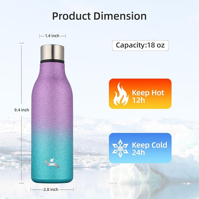 Konokyo Insulated Water Bottle with Strap,18 oz Double Wall Stainless Steel Vacuum Bottles Metal Water Flask,Sparkling Purple Green