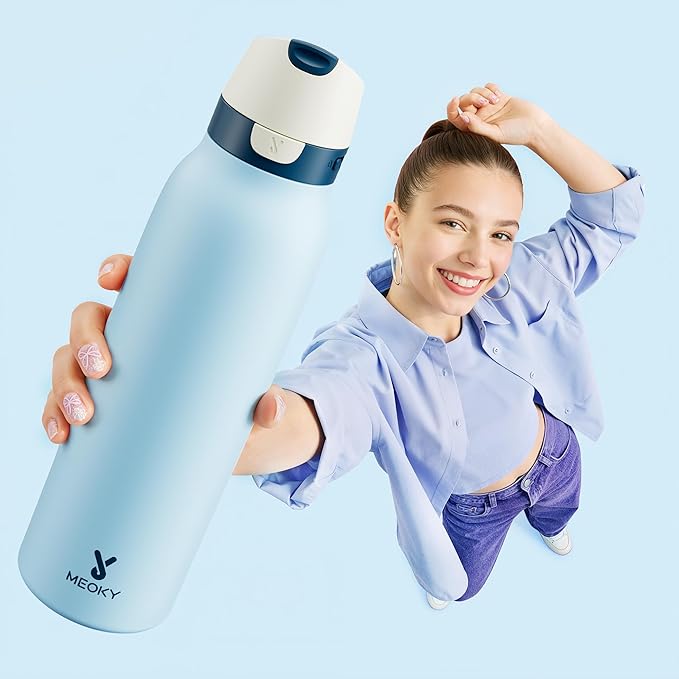 Meoky 24 oz Travel Water Bottle Insulated: Leak Proof Locking Lid, 2-in-1 Straw and Spout, 24 Hours Cold, Top Handle, Fits in Car Cup Holder, Stainless Steel Slim Water Bottle for Hiking, Cove