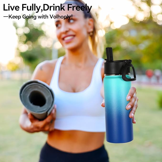 Volhoply 18oz Insulated Water Bottle Bulk 2 Pack,Kids Stainless Steel Water Bottles with Straw Lid,Wide Mouth Reusable Metal Cups,Double Wall Vacuum Sports Flask Keep Hot and Cold(Green Blue,2 Set)